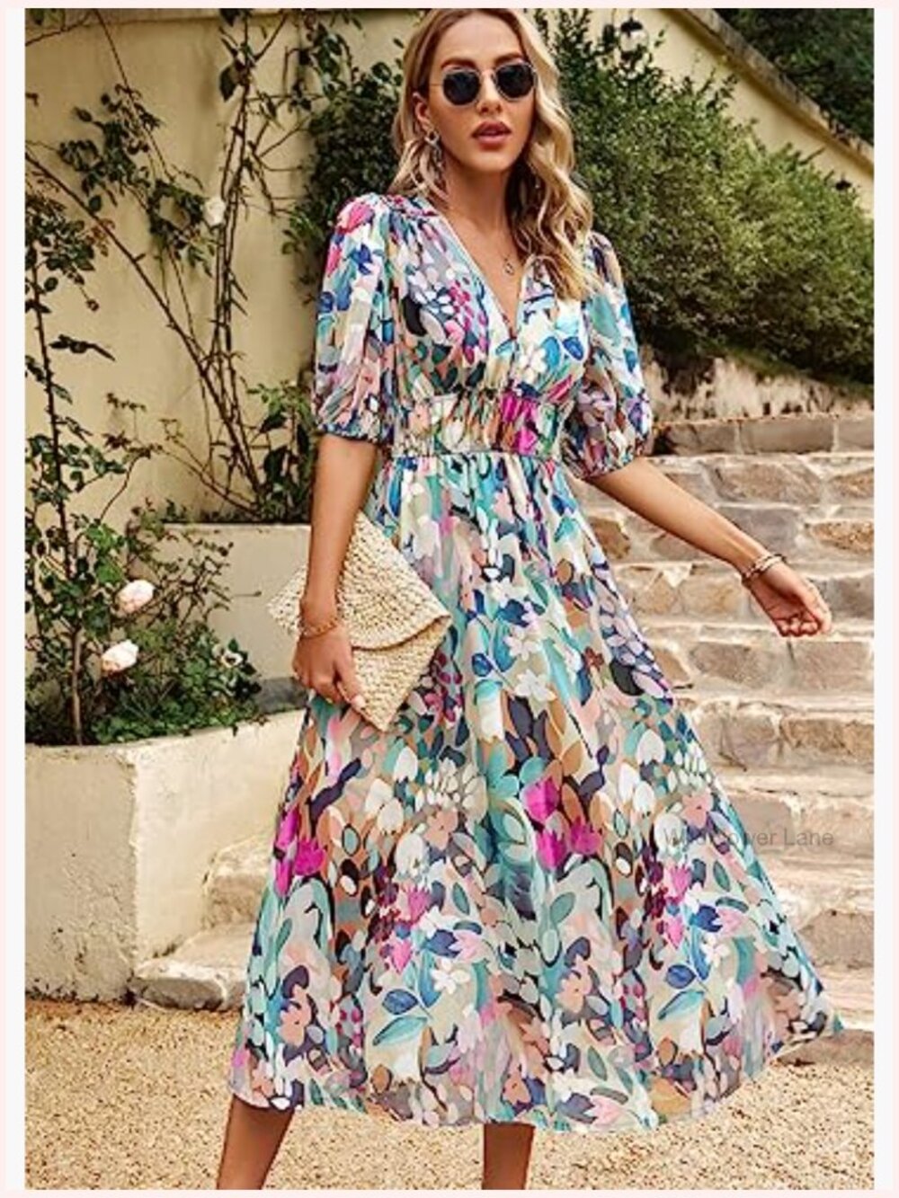 Boho Midi Dress V-Neck Puff Sleeve Flowy Beach Party Tropical Vacation - Picture 5 of 6